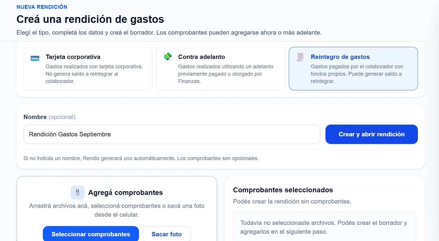 Pantalla de Rendix para crear una rendición de gastos y agregar comprobantes